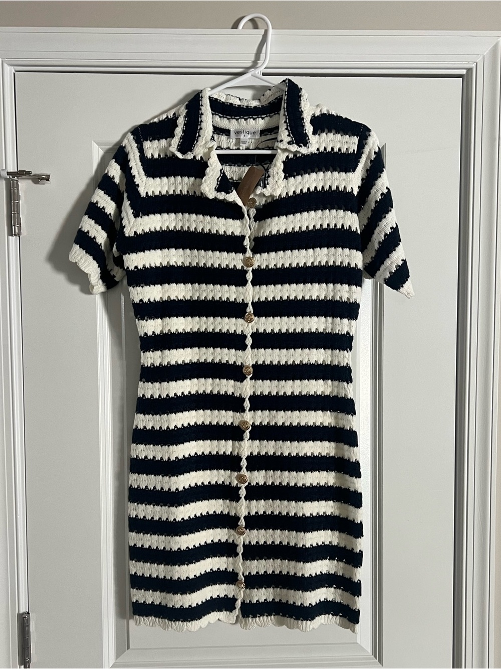 Striped Short-Sleeve Knit Dress - Navy & White